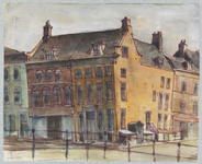 30463 Gezicht op de voorgevels van enkele huizen aan de Oudegracht te Utrecht: nr, 281 (links) en 279 en de zijgevel ...
